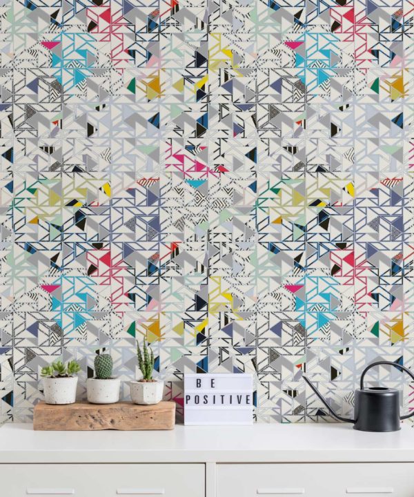 Bauhaus Wallpaper by Kitty McCall, geometric wallpaper with assorted colours