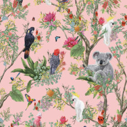 Australia Wallpaper • Cockatoos, Koalas, Parrots, Finches • Milton & King USA • Coral Wallpaper Swatch