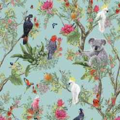 Australia Wallpaper • Cockatoos, Koalas, Parrots, Finches • Milton & King UK • Mint Green Wallpaper Swatch