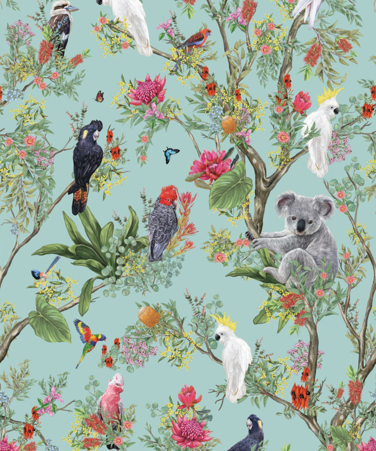 Australia Wallpaper • Cockatoos, Koalas, Parrots, Finches • Milton & King UK • Mint Green Wallpaper Swatch