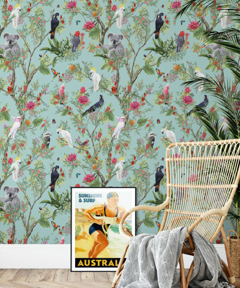 Australia Wallpaper • Cockatoos, Koalas, Parrots, Finches • Milton & King USA • Mint Green Wallpaper Insitu