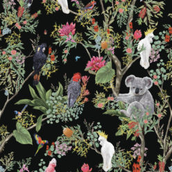 Australia Wallpaper • Cockatoos, Koalas, Parrots, Finches • Milton & King USA • Black Wallpaper Swatch