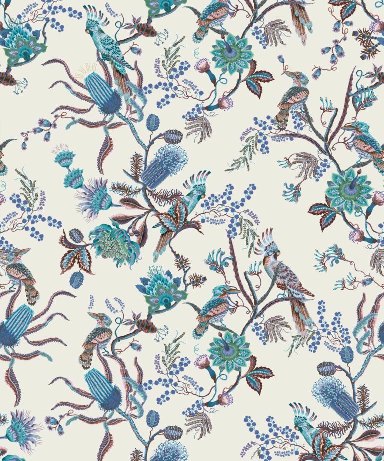 Matilda Wallpaper • Cockatoo, kookaburra • Australian Wallpaper • Milton & King UK • Blue Bell Swatch