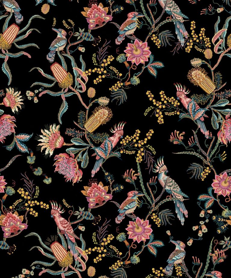 Matilda Wallpaper • Cockatoo, kookaburra • Australian Wallpaper • Milton & King USA • Night Swatch