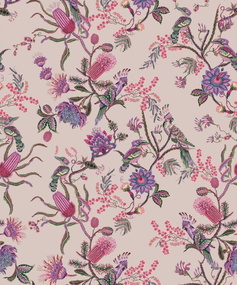 Matilda Wallpaper • Cockatoo, kookaburra • Australian Wallpaper • Milton & King UK • Pinky Swatch