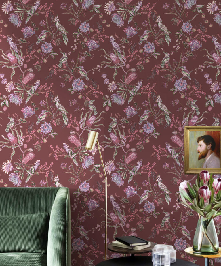 Matilda Wallpaper • Cockatoo, kookaburra • Australian Wallpaper • Milton & King USA • Plum Insitu