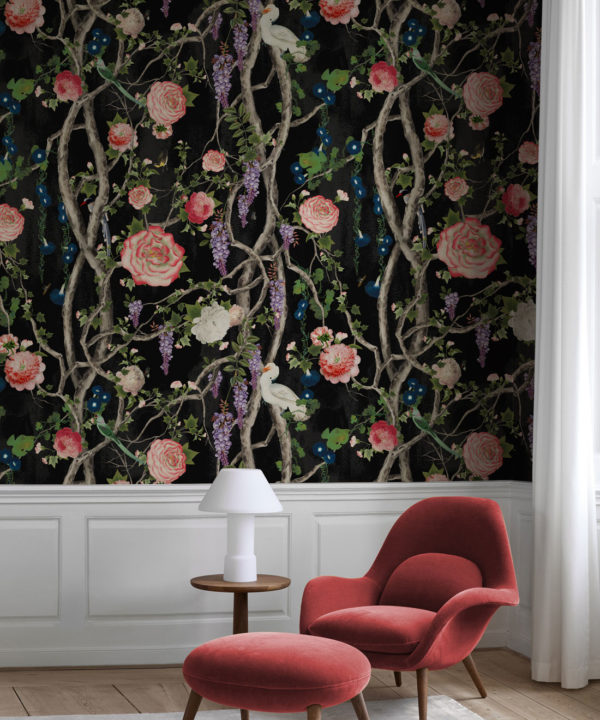 Empress Wallpaper • Romantic Wallpaper • Floral Wallpaper • Chinoiserie Wallpaper • Night Black colour wallpaper insitu