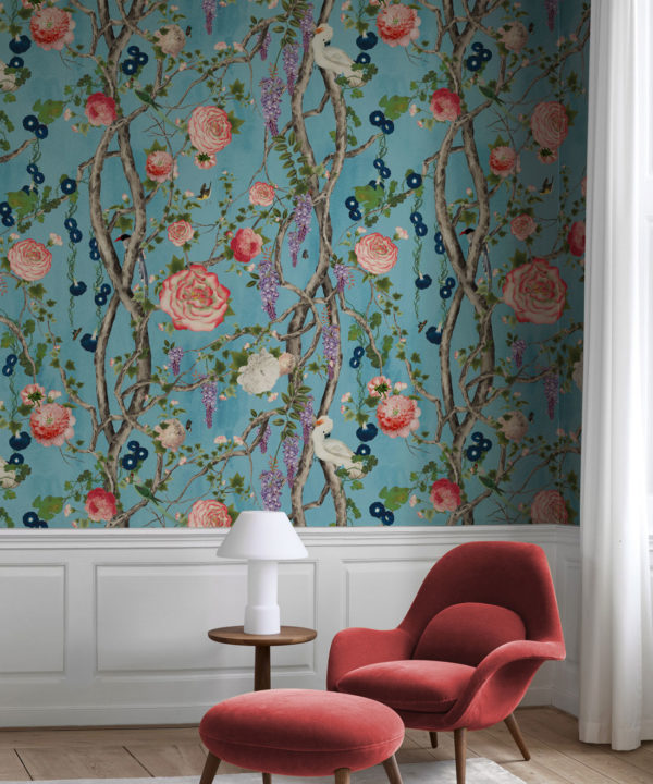 Empress Wallpaper • Romantic Wallpaper • Floral Wallpaper • Chinoiserie Wallpaper • Sky Blue colour wallpaper insitu