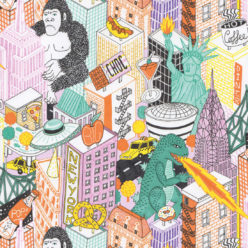 New York Wallpaper by Jacqueline Colley featuring Godzilla, King Kong, a UFO, buildings and the statue of liberty swatch