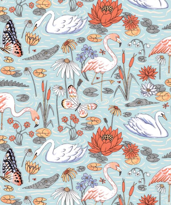 Pond Pattern Wallpaper featuring alligators, swans, flamingos and lily pads • Light • Swatch