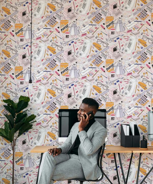 1980's Office Wallpaper featuring calculators, staplers, computers, phones on a messy desk • retro wallpaper • Insitu