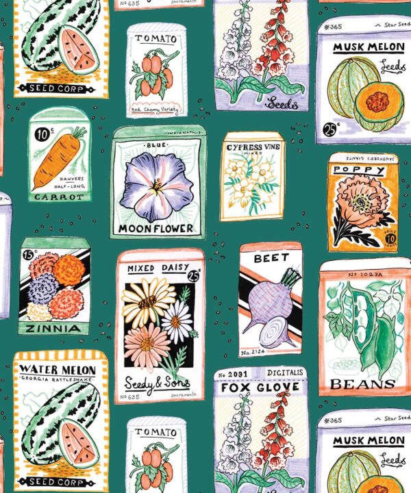 Seed Packets Wallpaper featuring watermelon, carrot, beet, beans, poppy, daisy • Teal • swatch