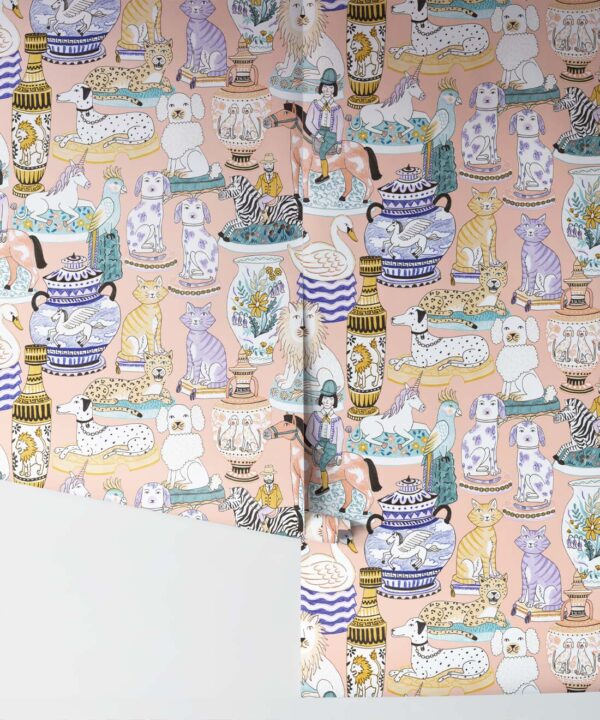 Ceramics Wallpaper featuring vases of dogs, cats, zebras, lions, parrots and unicorns • Coral • Rolls