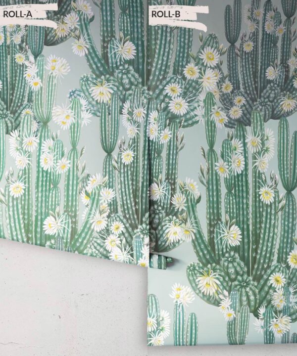 San Pedro Wallpaper Aqua • Cactus Wallpaper • Succulents Wallpaper • Desert Wallpaper Rolls