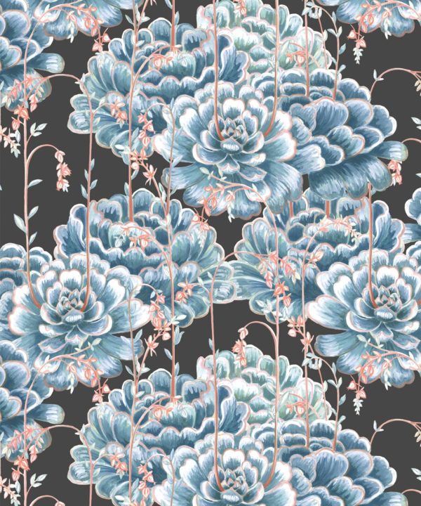 Succulents Wallpaper Blue Charcoal • Cactus Wallpaper • Desert Wallpaper Swatch on black background