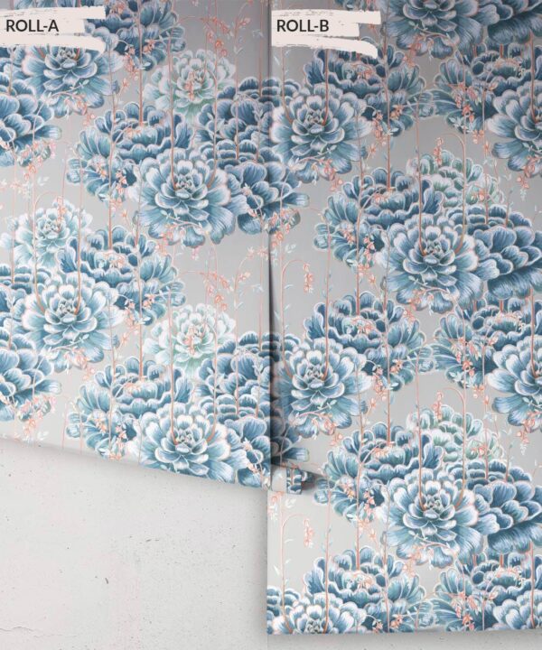 Succulents Wallpaper Steel Blue • Cactus Wallpaper • Desert Wallpaper rolls on grey background