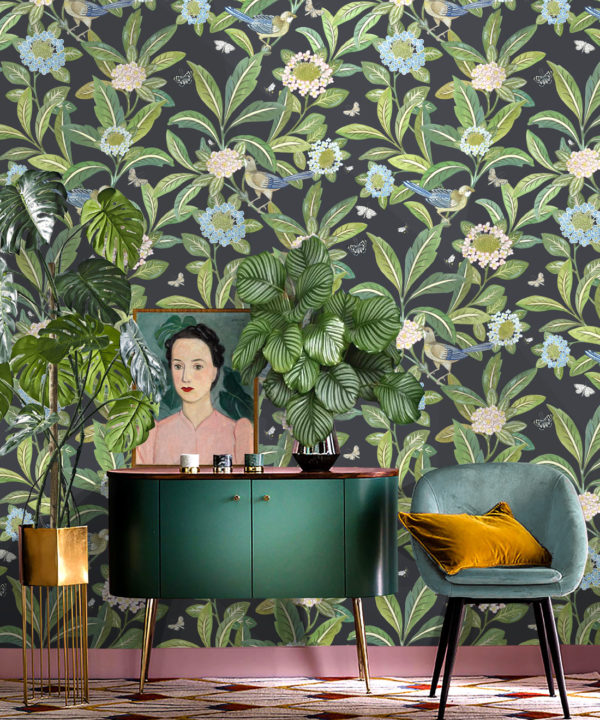 Summer Garden Wallpaper • Charcoal Wallpaper • Floral Wallpaper Insitu behind blue chair and green cabinet