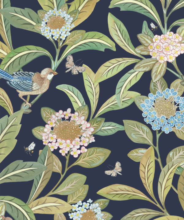 Summer Garden Wallpaper • Navy Wallpaper • Floral Wallpaper Swatch