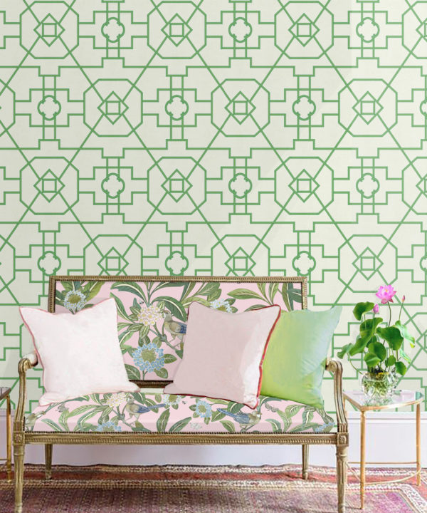 Trellis Wallpaper • Geometric Wallpaper • Ivory Wallpaper • Insitu behind sofa