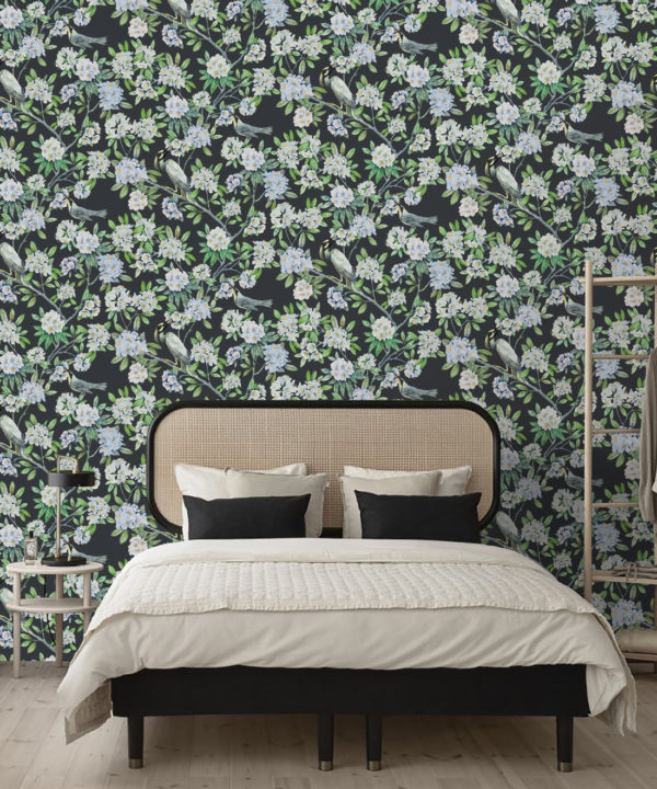 Victoria Wallpaper • Floral Wallpaper • Charcoal Wallpaper • Insitu behind bed