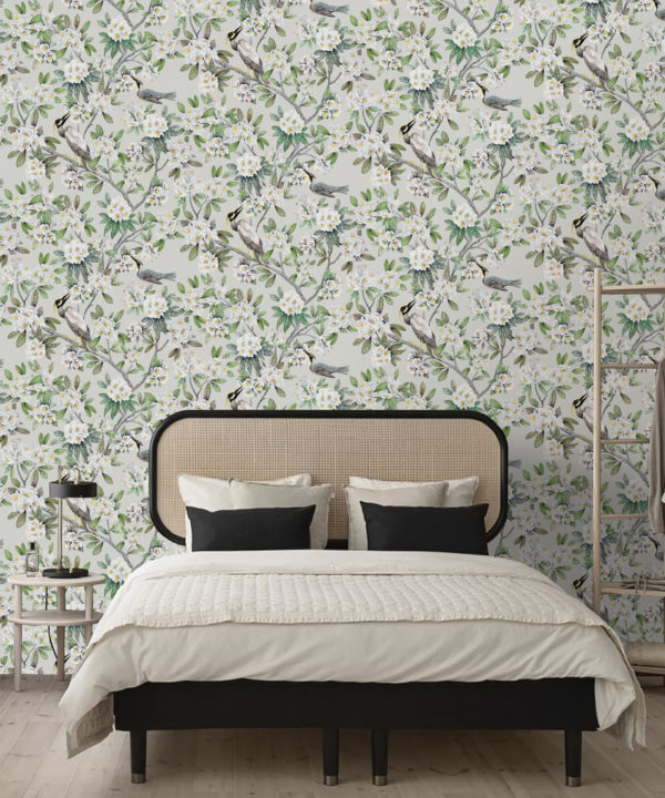 Victoria Wallpaper • Floral Wallpaper • Ivory Wallpaper • Insitu behind bed