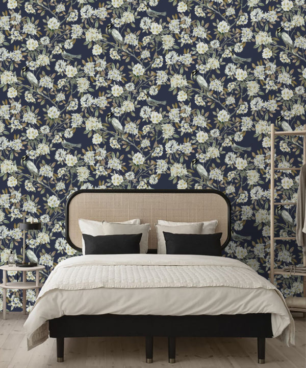 Victoria Wallpaper • Floral Wallpaper • Navy Wallpaper • Insitu behind bed