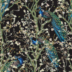 Almond Blossom Wallpaper • Chinoiserie Wallpaper • Wallpaper with Peacocks • Black Night Wallpaper • Swatch