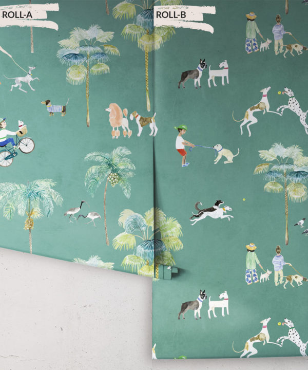 At The Dog Park Wallpaper • Kids Wallpaper • Turquoise • Rolls