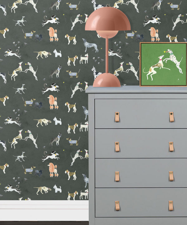 Doggies Wallpaper • Dog Wallpaper • Charcoal • Insitu witih dresser and lamp