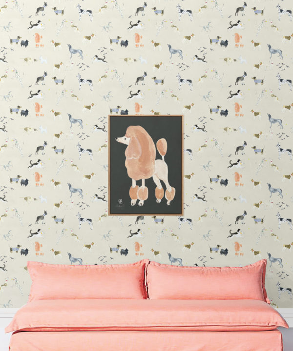 Doggies Wallpaper • Dog Wallpaper • Cream • insitu with pink sofa