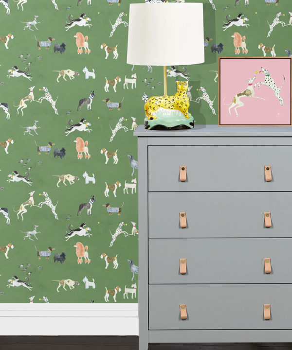 Doggies Wallpaper • Dog Wallpaper • Green • insitu with lamp and dresser