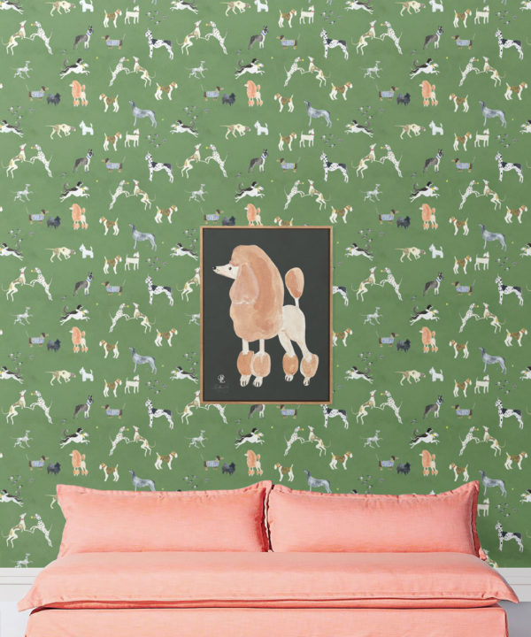 Doggies Wallpaper • Dog Wallpaper • Green • insitu with pink sofa