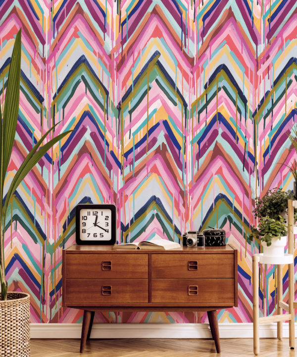 Crossroads Wallpaper • Colourful Painterly Wallpaper • Tiff Manuell • Chevron Wallpaper • Close Up Insitu