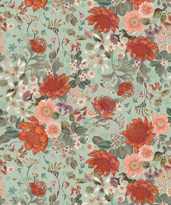 Bouquet Wallpaper • Australian Flora Eloise Short • Vintage Floral Wallpaper • Granny Chic Wallpaper • Grandmillennial Style Wallpaper • Pistachio • Swatch