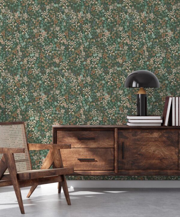 County Flowers Wallpaper • Eloise Short • Vintage Floral Wallpaper • Granny Chic Wallpaper • Grandmillennial Style Wallpaper • Avocado • Insitu