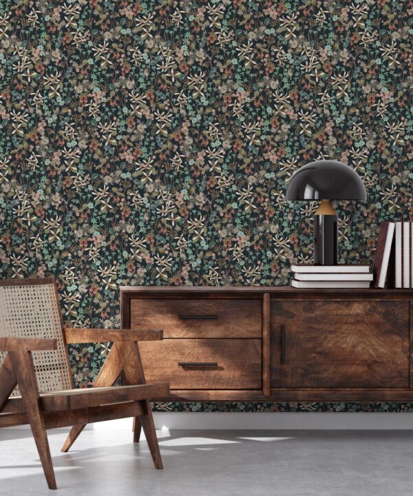 County Flowers Wallpaper • Eloise Short • Vintage Floral Wallpaper • Granny Chic Wallpaper • Grandmillennial Style Wallpaper • Charcoal • Insitu