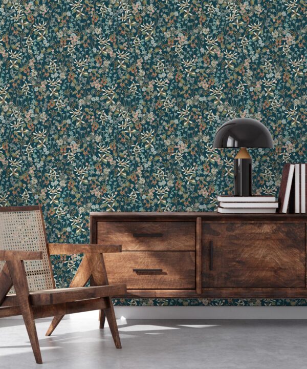 County Flowers Wallpaper • Eloise Short • Vintage Floral Wallpaper • Granny Chic Wallpaper • Grandmillennial Style Wallpaper • Peacock • Insitu