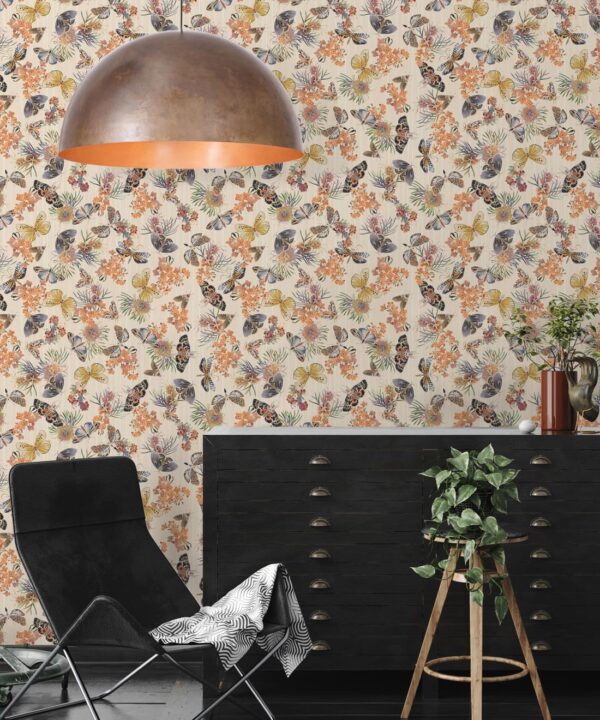 Moth Wallpaper • Eloise Short • Vintage Floral Wallpaper • Granny Chic Wallpaper • Grandmillennial Style Wallpaper • Ivory • Insitu