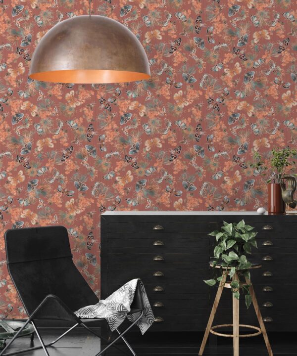 Moth Wallpaper • Eloise Short • Vintage Floral Wallpaper • Granny Chic Wallpaper • Grandmillennial Style Wallpaper • Rosewood • Insitu