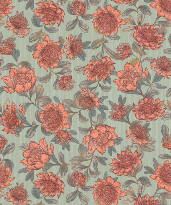 Waratah Wallpaper • Eloise Short • Vintage Floral Wallpaper • Granny Chic Wallpaper • Grandmillennial Style Wallpaper • Green • Swatch