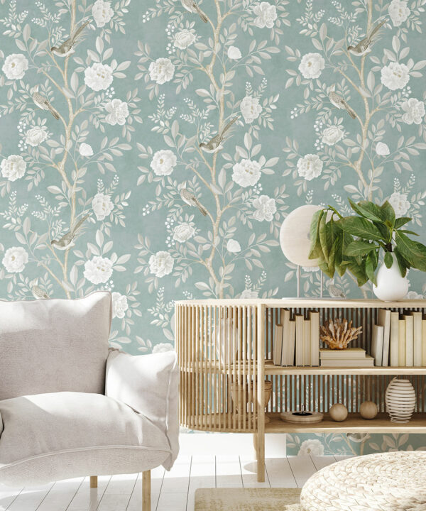 Chinoiserie Wallpaper • Floral Wallpaper • Bird Wallpaper • Magnolia • Milk Green • Insitu