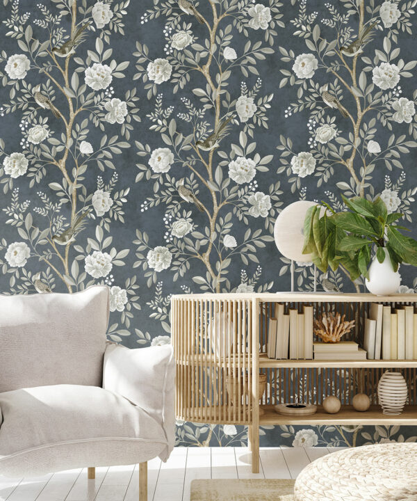 Chinoiserie Wallpaper • Floral Wallpaper • Bird Wallpaper • Magnolia • Navy • Insitu