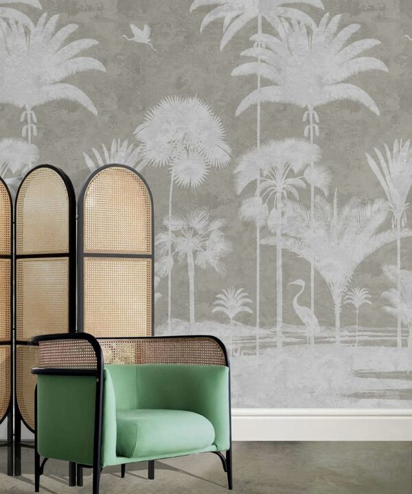 Shadow Palms Wallpaper Mural •Bethany Linz • Palm Tree Mural • Beige • Insitu