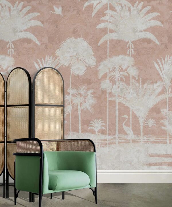 Shadow Palms Wallpaper Mural •Bethany Linz • Palm Tree Mural • Pink • Insitu