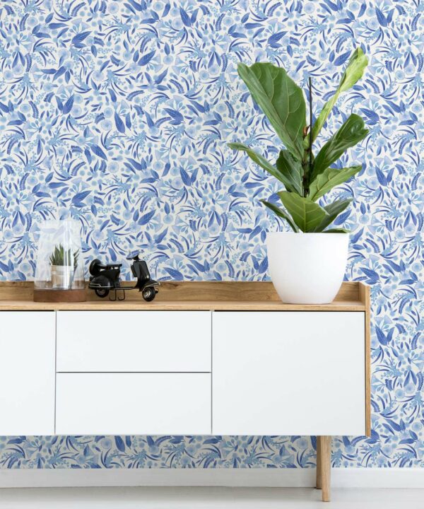 Gum Blossom Wallpaper • Blue Mono • Insitu