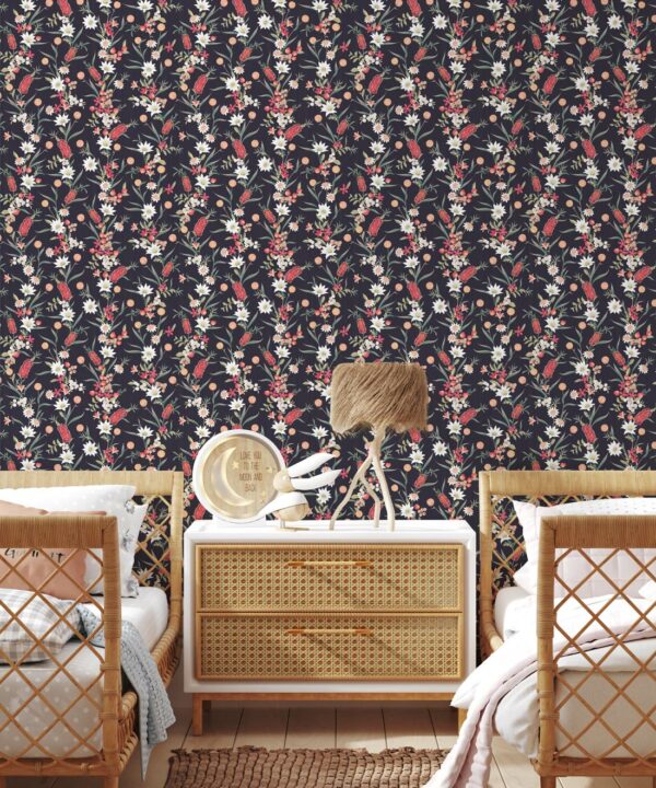 Bottlebrush Wallpaper • Grandmillenial Wallpaper • Charcoal • Insitu