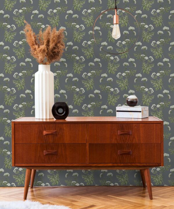 Cicely Wallpaper • Hackney & Co. • Slate Grey • Insitu