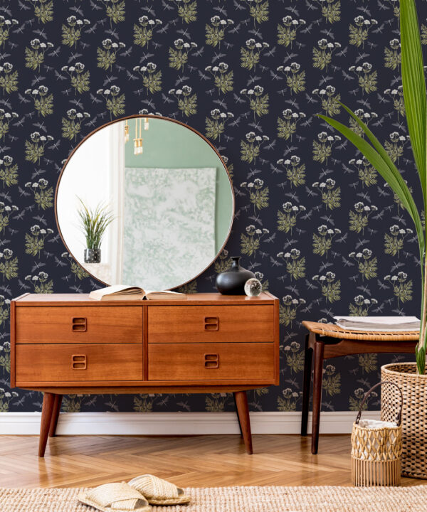 Dancing Mayfly Wallpaper • Hackney & Co. • Navy • Insitu