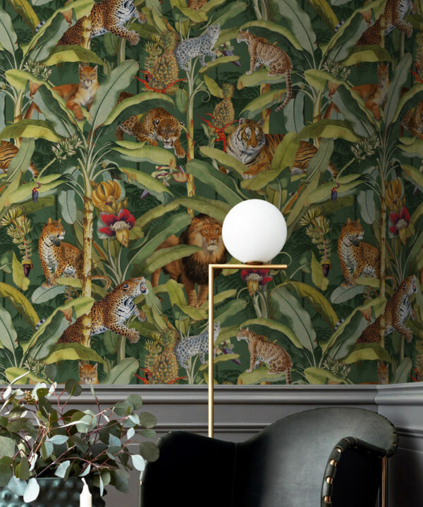 Felis Wallpaper • Animal Wallpaper with Lions, Tigers & Leopards • Jungle Green • Insitu