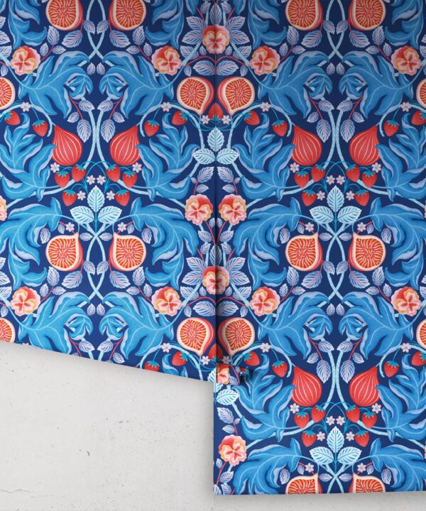 Figs & Strawberries Wallpaper • Botanical Fruit Wallpaper • Blue & Orange • Roll